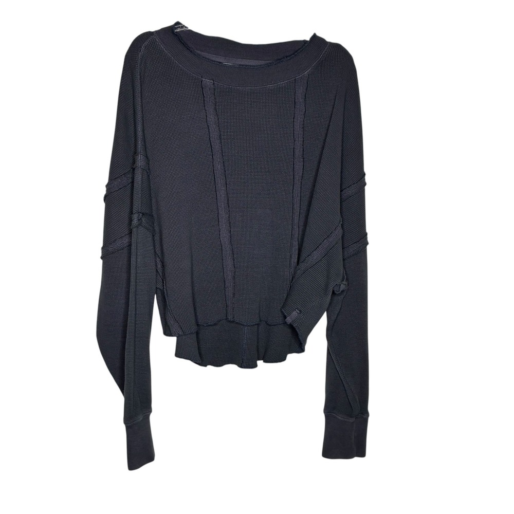 We The Free Free People XS Charcoal‎ Grey Waffle Knit Thermal Top Exposed Seams